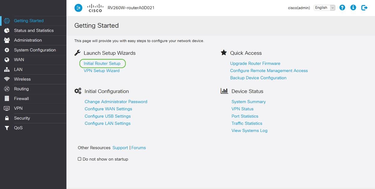 Click Initial Setup Wizard from the Getting Started Page.