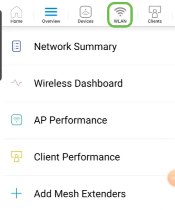 Connect to your Cisco Business wireless network on your mobile. Log into the application. Click on the WLAN icon on the top of the page.