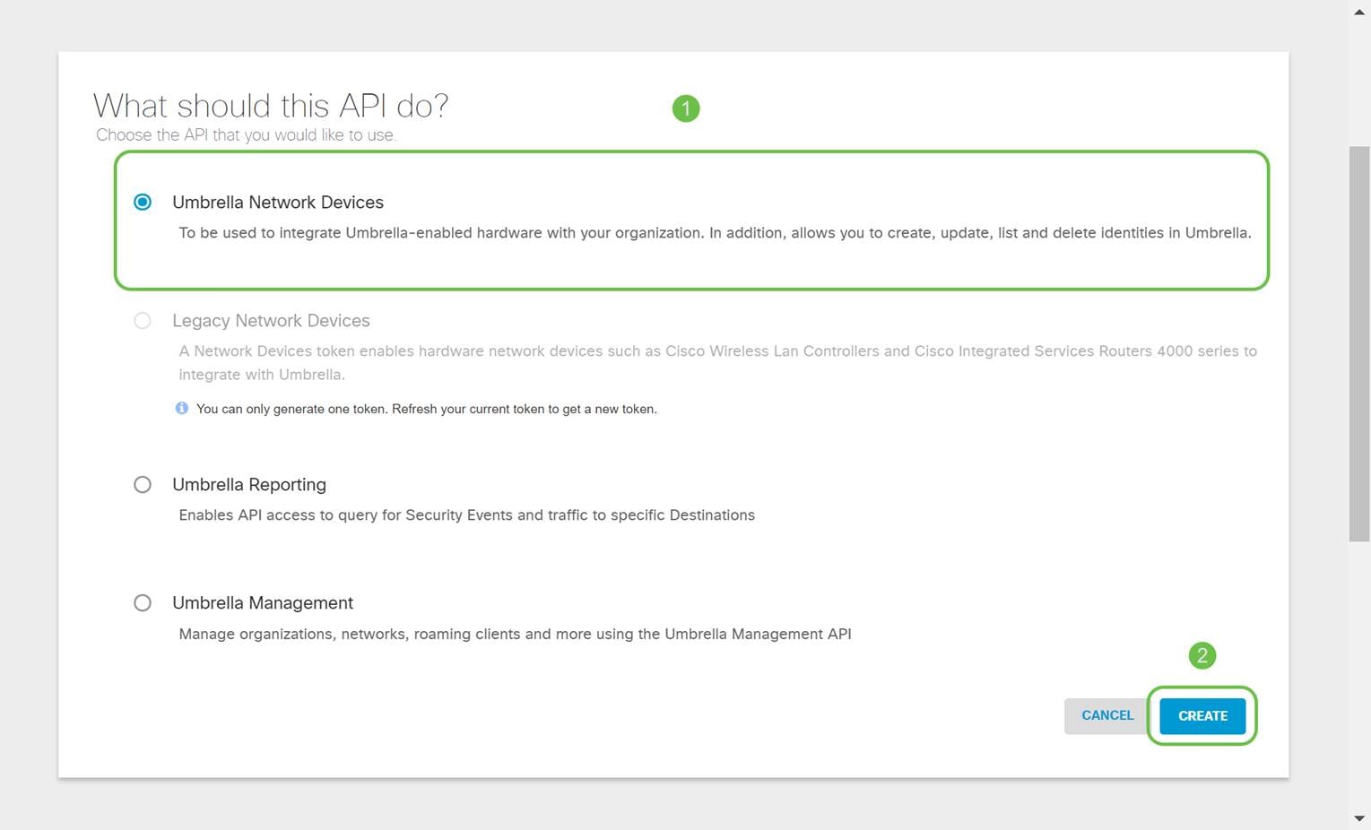 Select Umbrella Network Devices and then click the Create button.