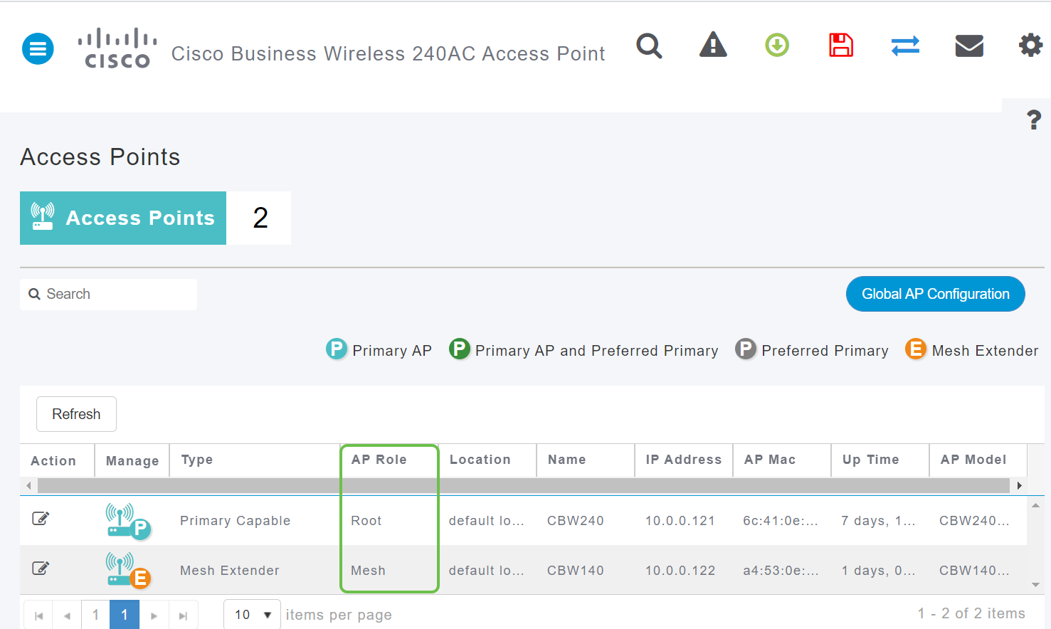 1. The AP joins the Primary AP 2. The change will be reflected in the Access Points table with the CBW140 AP Type labeled as Mesh Extender and the AP Role has changed to Mesh. 3. The AP is still connected to the local LAN where the AP was originally installed 4. Mesh Extenders use the 5Ghz band for the Mesh Backhaul by default, but you can use 2.4Ghz as well. 