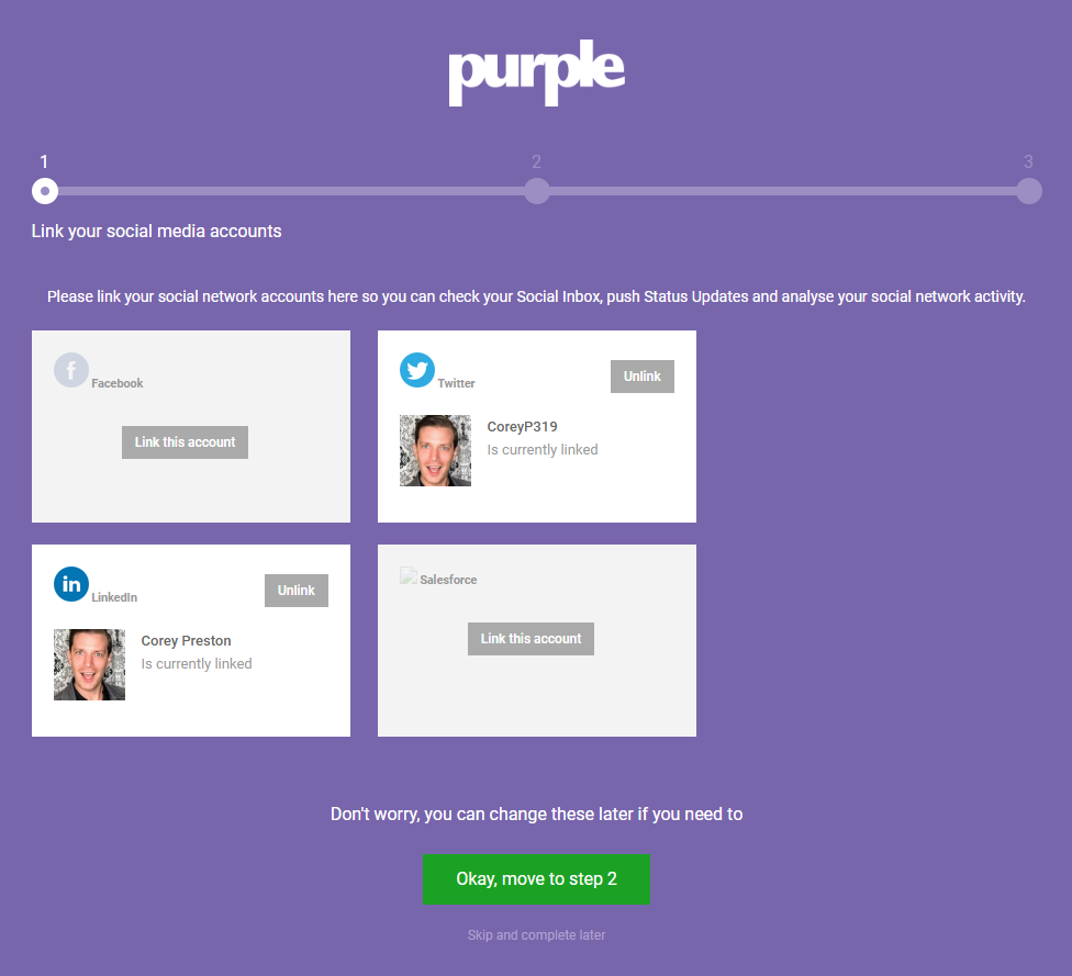 Step 1 of a 3 step wizard. Step 1, link social media accounts.