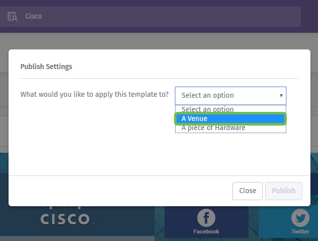 Publish settings modal window, the first drop-down box is active with A Venue highlighted.