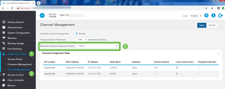 Navigate to Single Point Setup > Channel Management page. Under Reassess Channel Assignment, adjust the default of 1 Hour to either Every 12 hours or 1 time a day. 