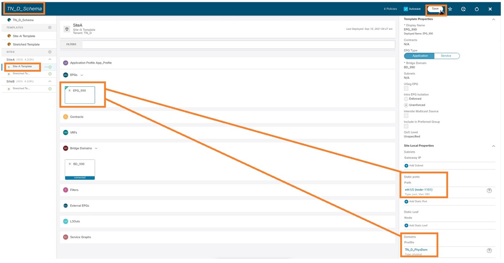 Configure Intersite L3out With ACI Multi-Site Fabrics - Verify the Static Ports and Domain are Added