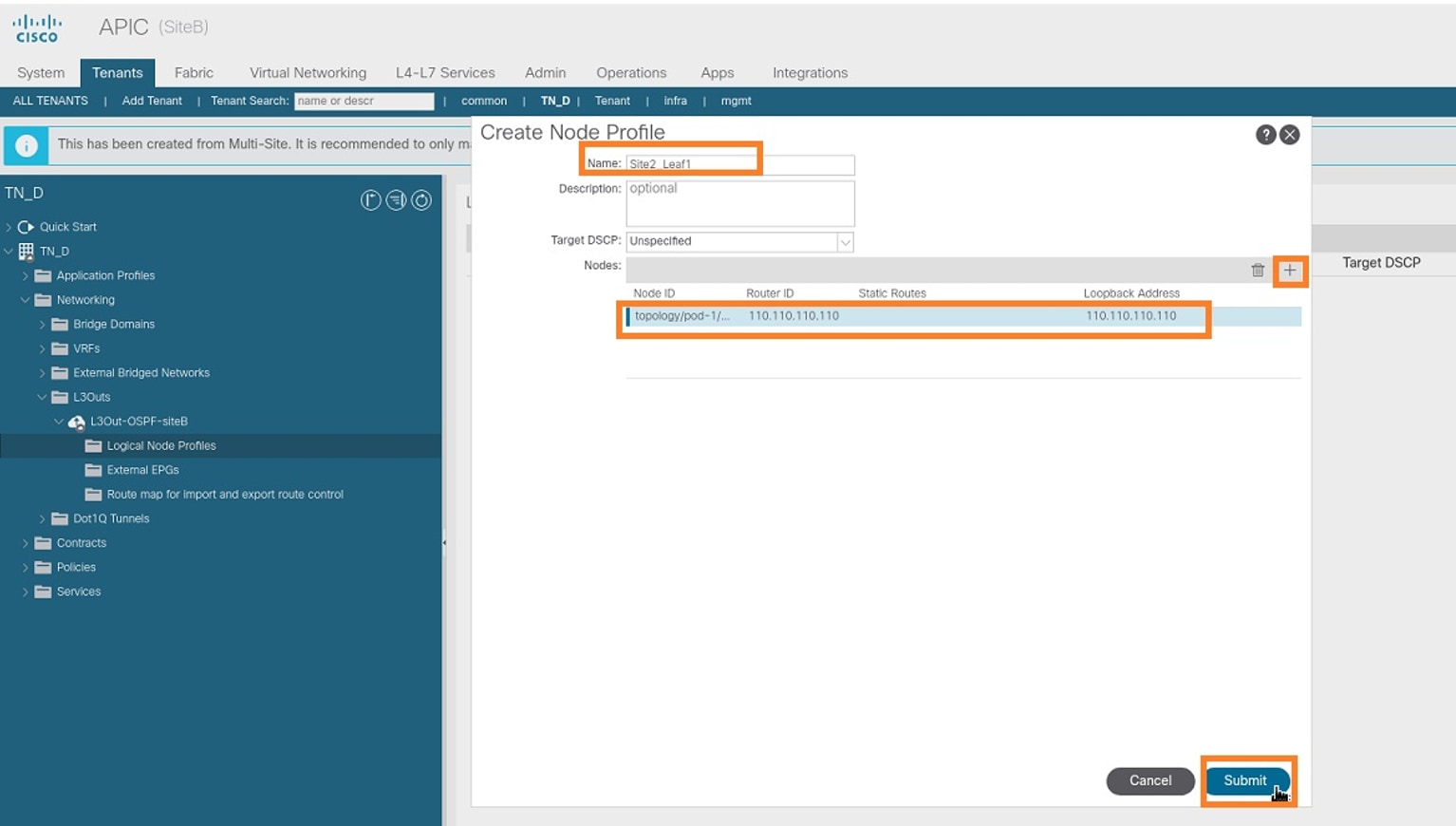 Configure Intersite L3out With ACI Multi-Site Fabrics - Choose Switch Site2_Leaf1 as a Node at Site-B