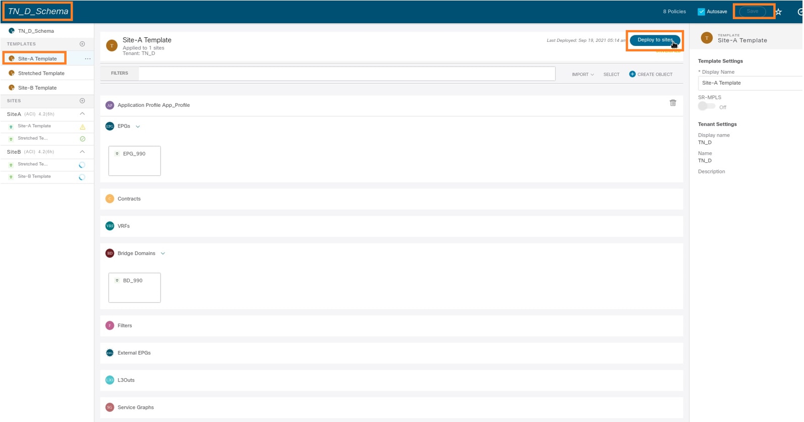 Configure Intersite L3out With ACI Multi-Site Fabrics - Deploy Site-A Template