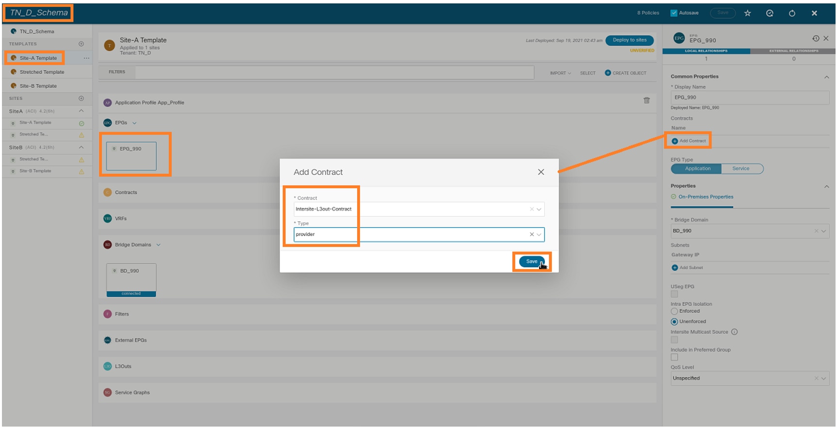 Configure Intersite L3out With ACI Multi-Site Fabrics - Add Contract to Internal EPG as Provider