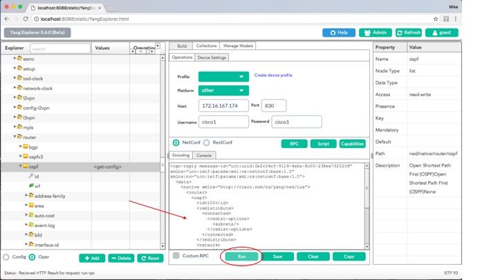 NETCONFを介してCatalyst 3850にメッセージを送信するために実行が選択される