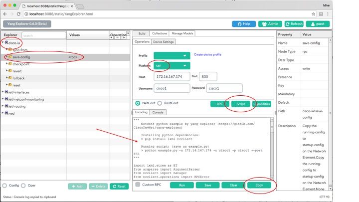 La operación save-config está seleccionada