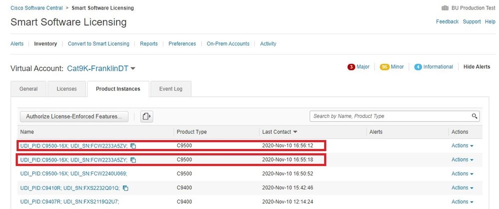 Captura de tela do CSSM mostrando que os UDIs de cada switch são exibidos na guia Product Instance (Instância de Produto)