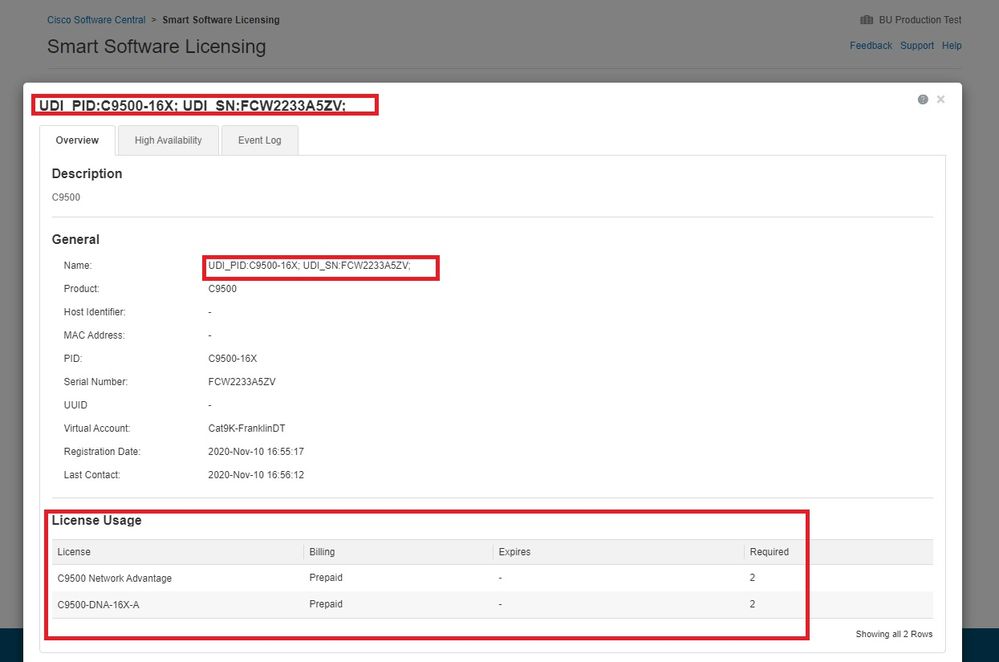 アクティブなPIDとライセンスの使用状況に関する情報を示すCSSMのスクリーンショット