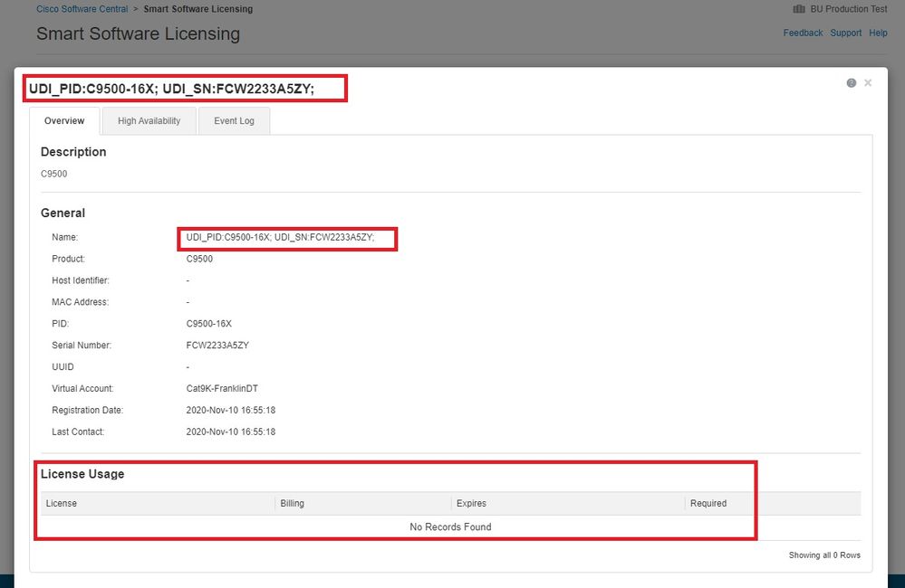 대기 PID 정보는 있지만 라이센스 사용 정보는 없는 CSSM의 스크린샷