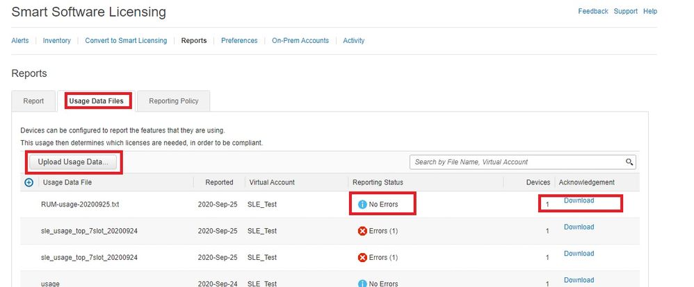 Captura de tela do CSSM mostrando os arquivos de dados de uso na guia Reports (Relatórios), incluindo o status e o arquivo ACK para relatórios off-line