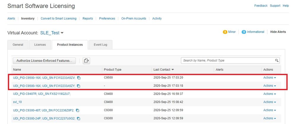 Captura de tela do CSSM mostrando licenças reservadas que não são mais vistas na guia Product Instance (Instância de Produto) após o relatório de uso off-line