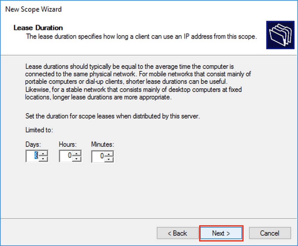 win2016, Define the Lease time for the DHCP scope