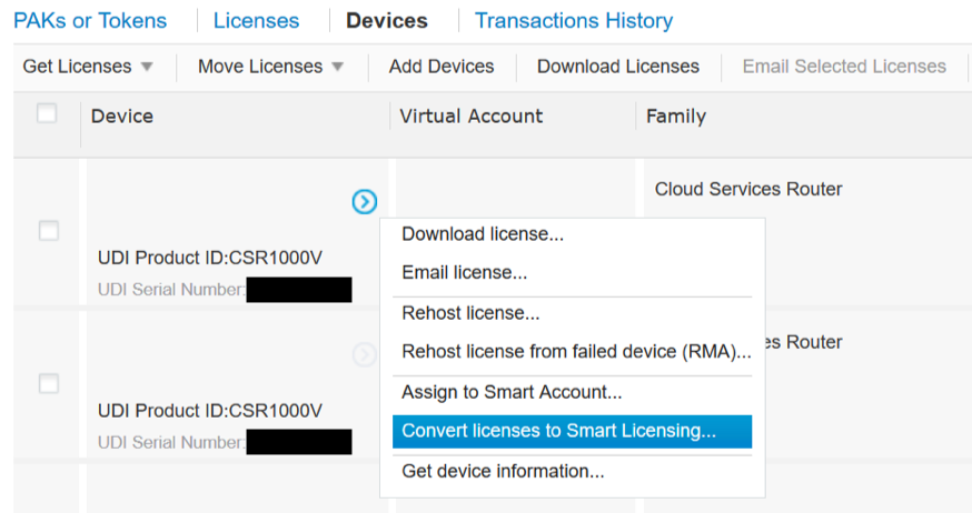 [ライセンスをスマートライセンスに変換（Convert Licenses to Smart Licensing）] を選択