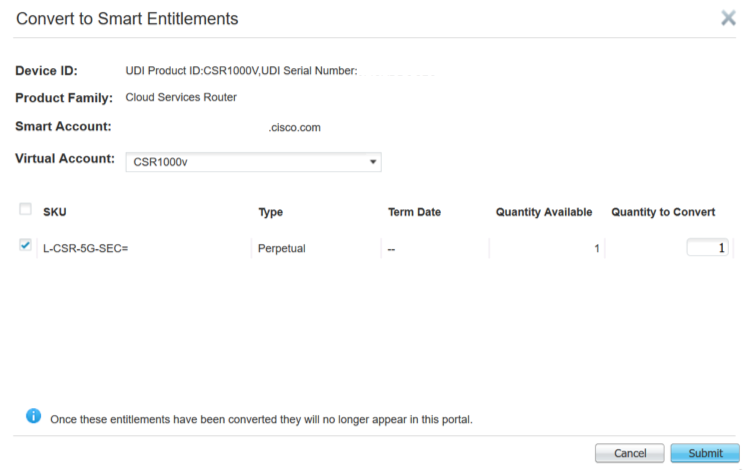 Escolha a Virtual Account, selecione as licenças a serem convertidas e clique em Enviar