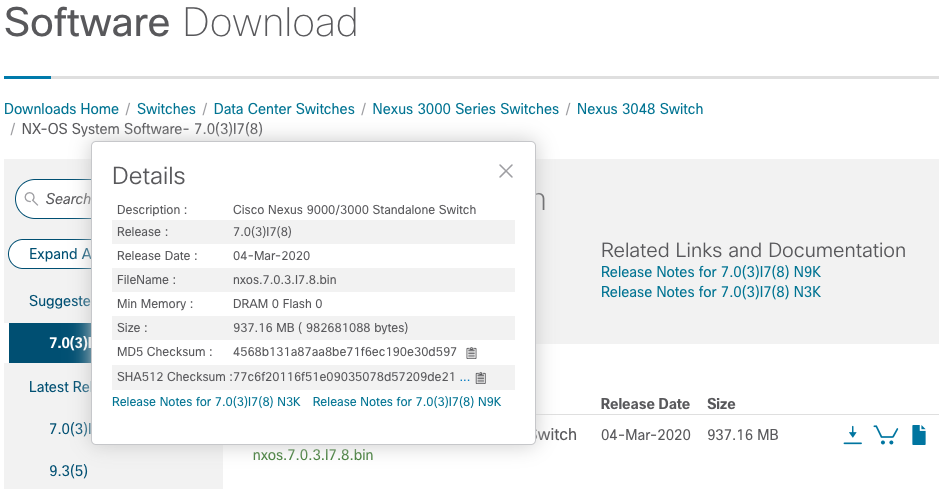 Valores de suma de comprobación para elemento de software en el sitio web de descarga de software de Cisco