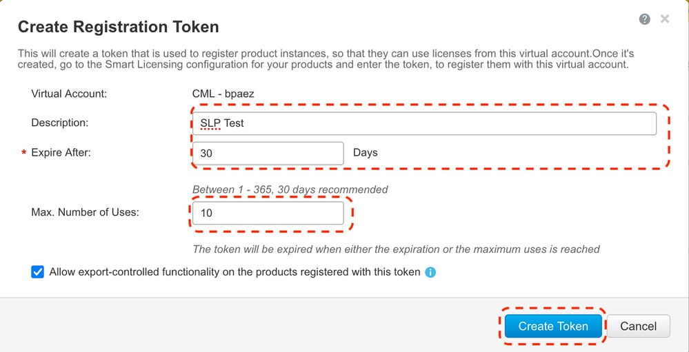 CSSM - Create Registration Token 팝업