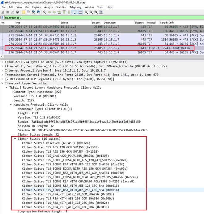 مثال على حزمة ClientHello في Wireshark