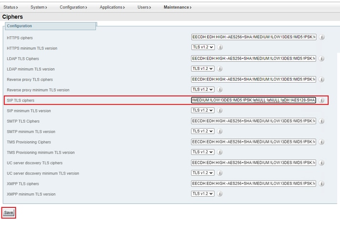 Page des paramètres de chiffrement sur le portail d’administration Web Expressway