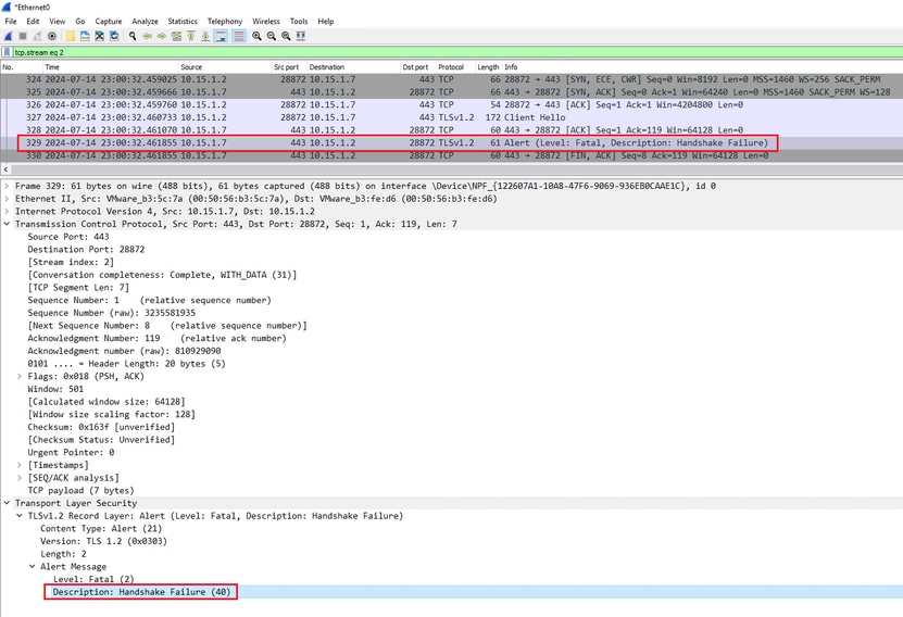 Un paquet d'alerte TLS fatal dans Wireshark