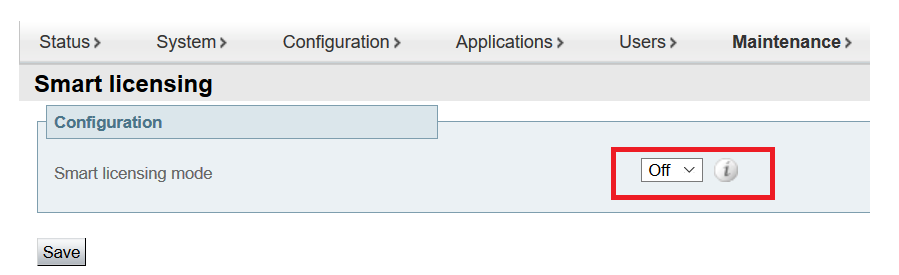 Configure(구성) - Smart Licensing을 켜고 Save(저장)를 클릭합니다.