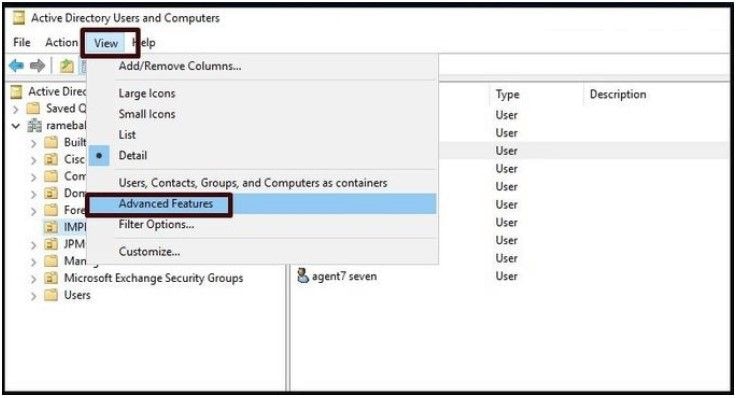 Habilitar las características avanzadas para usuarios y equipos de Active Directory.