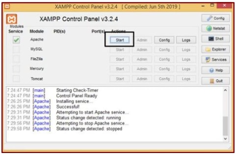 Startボタンをクリックして、Apacheサービスを起動します。