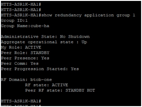 CUBE-1からのコマンド「show redundancy application group 1」の出力。