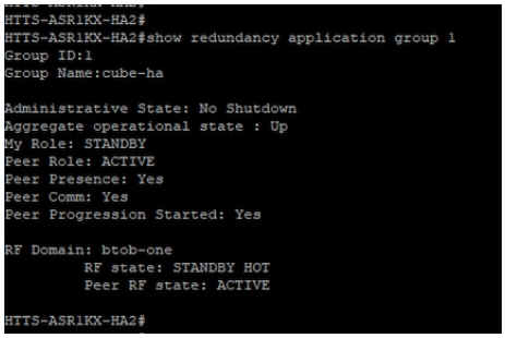 CUBE-2からのコマンド「show redundancy application group 1」の出力。