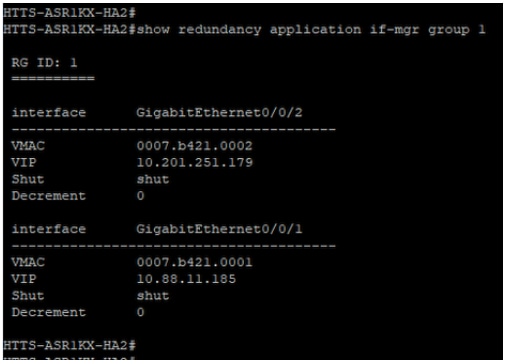 CUBE-2からのコマンド「show redundancy application if-mgr group 1」の出力。