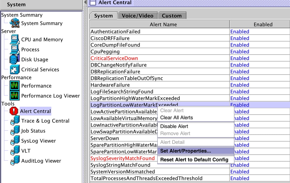 RTMTのAlert CentralでLow WaterMarkを調整します。