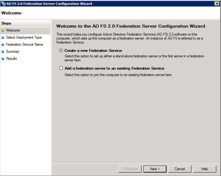 SSO with CUCM and AD FS - Configure AD FS 2.0 - Select the Create a New Federation Service Option