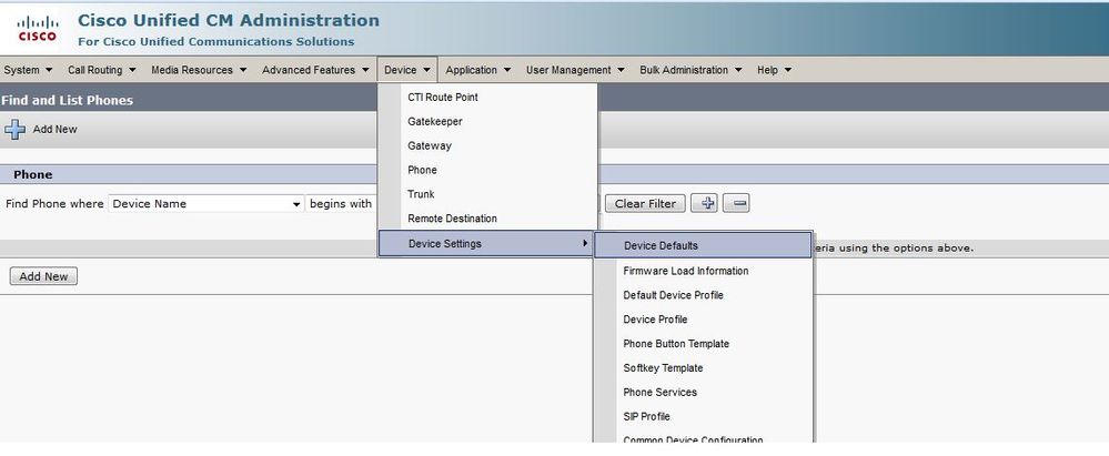 Selecione Padrões de dispositivo em Configurações do dispositivo