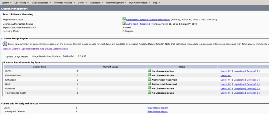 CUCM GUI with Smart License Reservation Enabled