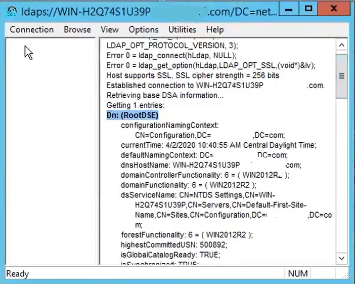 Con una conexión correcta en el puerto 636, la información RootDSE se imprime en el panel derecho