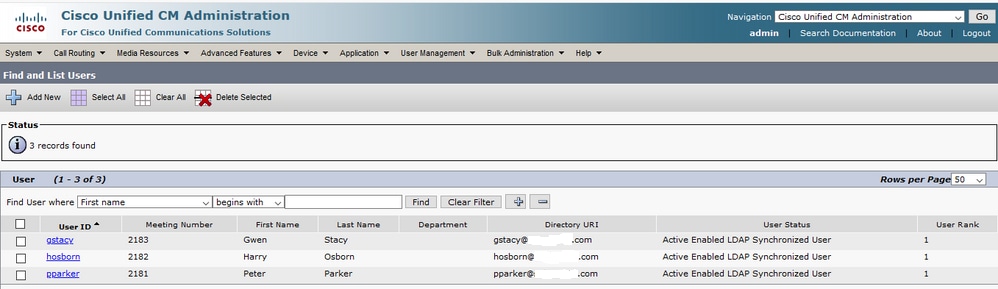 CUCM Administration、User Management、End Userの順に移動します