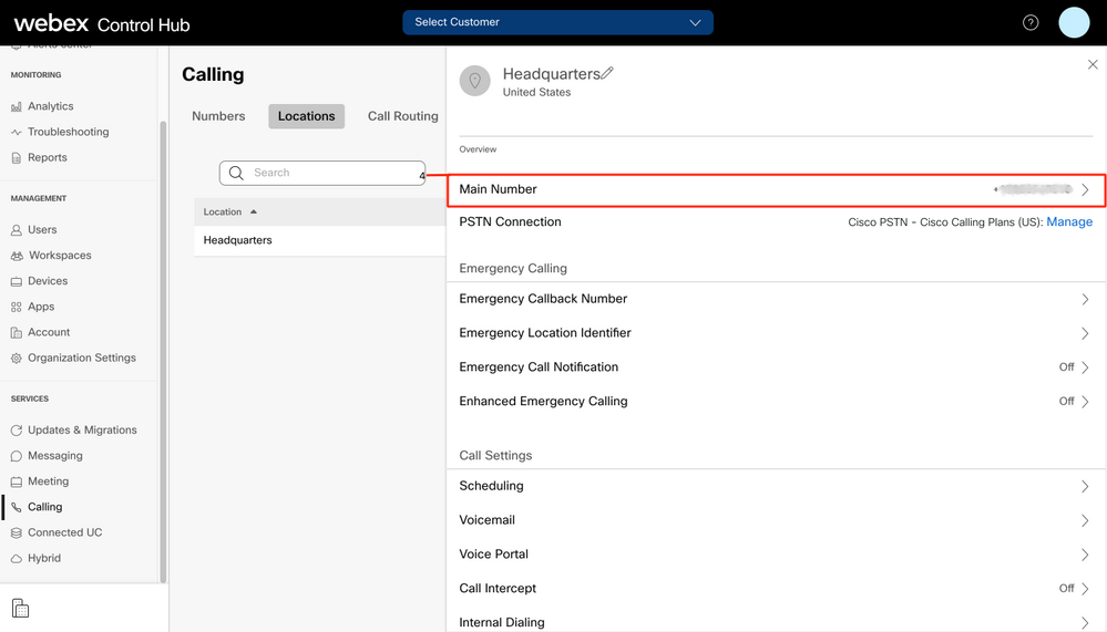 Webex Control Hub - Main Number