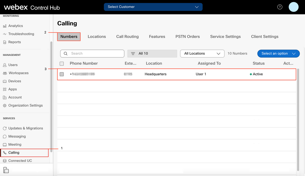 Webex Control Hub - Calling - Numbers