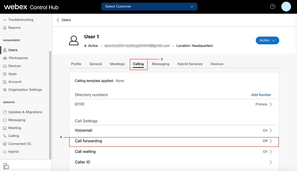 Webex Control Hub - User 1 - Call Forwarding