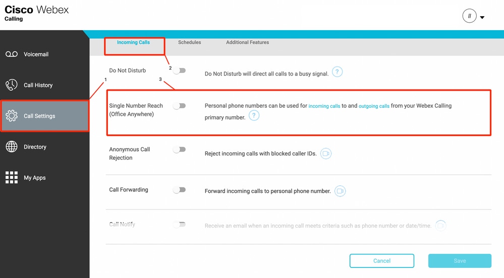 Cisco Webex Calling - Call Settings - Single Number Reach