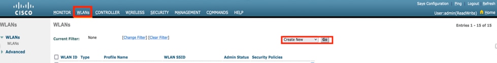 Wireless LAN Controller - Select WLANs from Main Menu and Create New