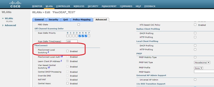 Configure AP as an OEAP - WLAN configuration - FlexConnect Local Switching option enabled or disabled