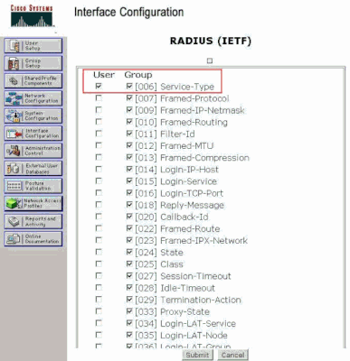 RADIUS (IETF)設定值頁面