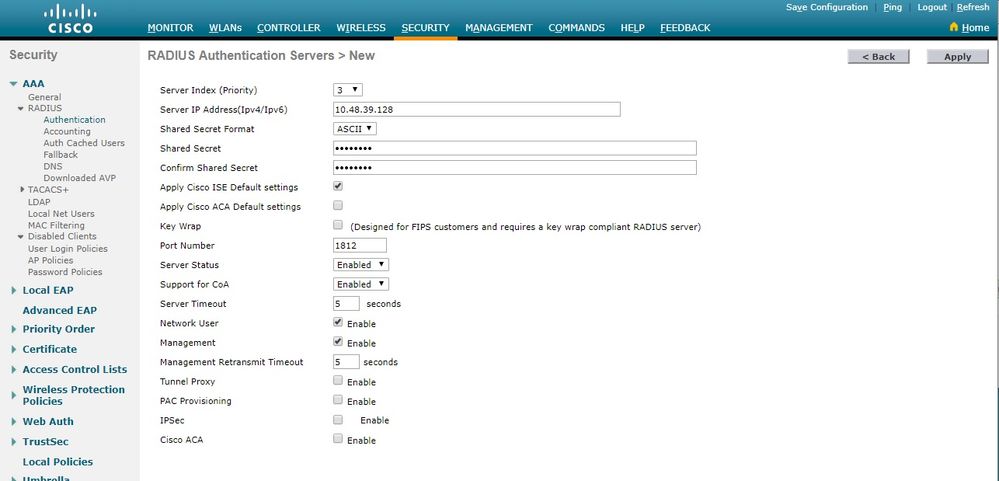 Nuovo server RADIUS sul WLC