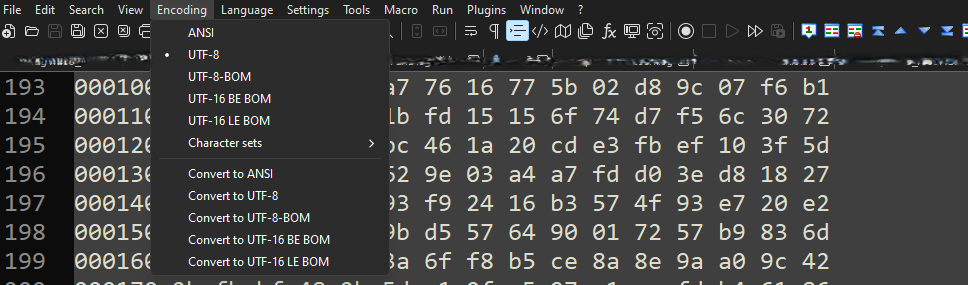 Opções do menu de codificação do Notepad++.