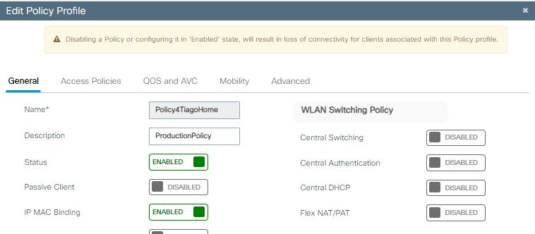 Configuração de perfil da Política de WLAN