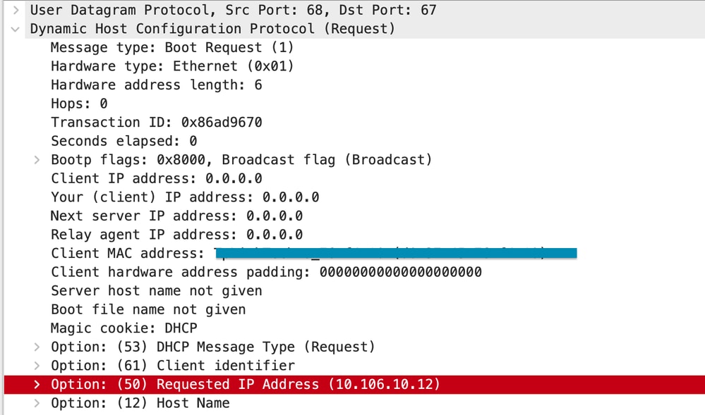 Opção de DHCP 50 na captura de pacotes de WLC