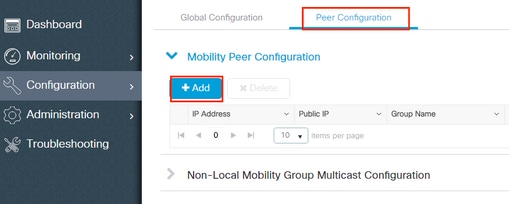 Página Mobility Peer Configuration no 9800